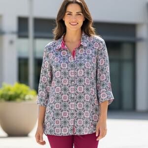 Foxcroft Button Front Shirt Top Womens 16 Floral Cotton Geometric Wrinkle Free